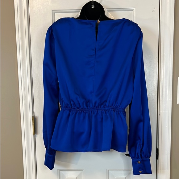 New Haute Monde Women’s Size Large Royal Blue Deep V-Neck Puff Sleeve Blouse Top - Picture 2 of 7